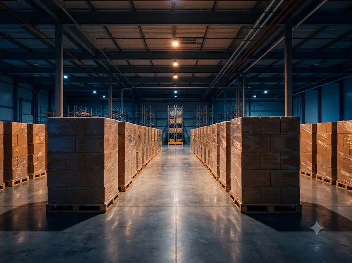 Shrink-wrapped pallets consolidated for a single delivery inside the Space Shipping warehouse in Jamesburg, NJ