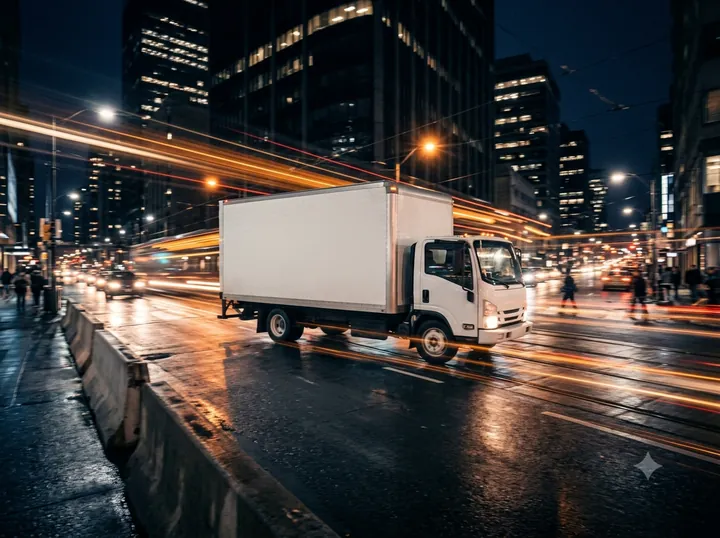 Space Shipping expedited box truck delivering at night in New York City