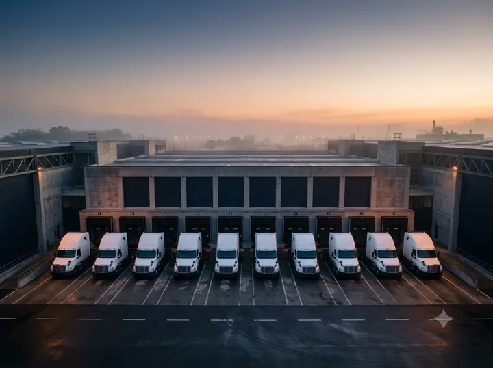 Space Shipping company fleet lined up at the Jamesburg, New Jersey warehouse docks at dawn