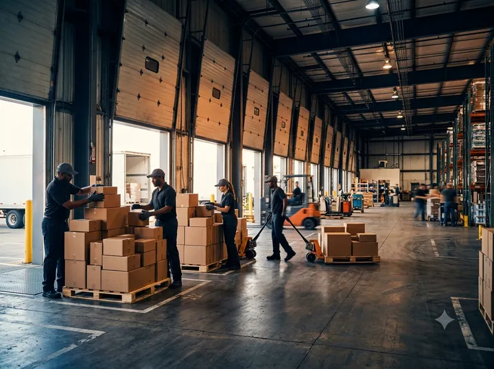 Space Shipping warehouse team sorting retail freight for pool distribution at the Jamesburg dock