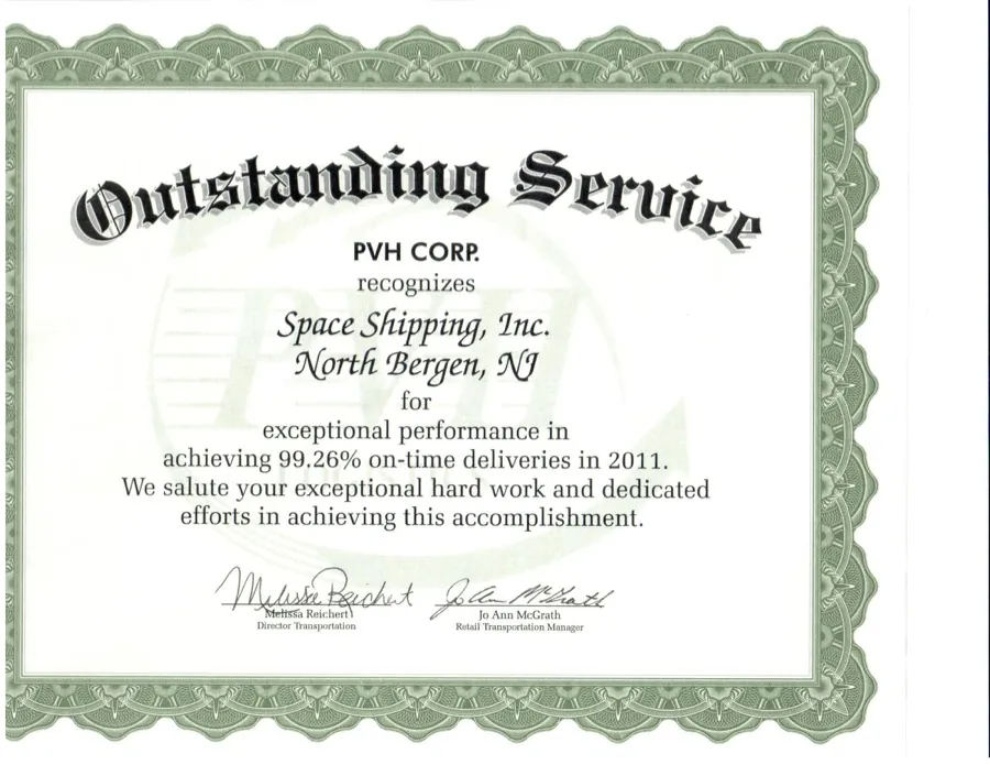 PVH Corp. Outstanding Service award recognizing Space Shipping for 99.26% on-time deliveries in 2011