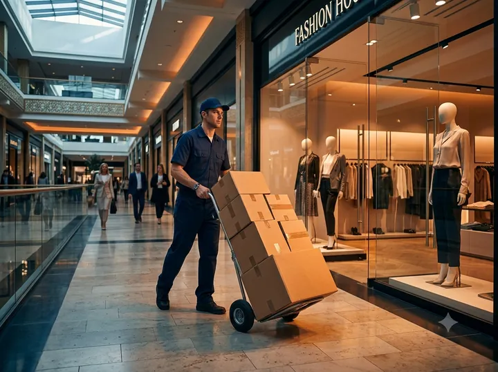 Space Shipping driver delivering cartons to a fashion brand store inside a New Jersey mall